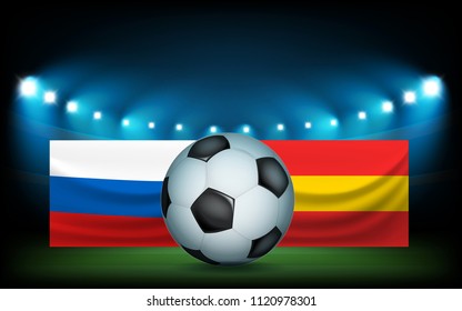 Football stadium with the ball and flags. Russia vs Spain