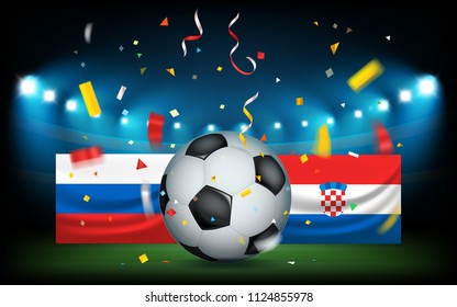 Football stadium with the ball and flags. Russia vs Croatia. Match day