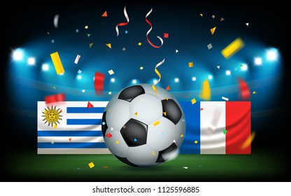 Football stadium with the ball and flags. Uruguay vs France