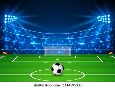 Football Stadium with a ball. Soccer field in the light of searchlights. Vector illustration.