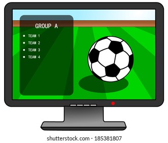 A football stadium and ball with teams in group is shown on tv. football on TV. vector art image illustration, isolated on white background