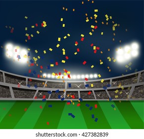 football stadium with confetti in night time, This design for soccer match template in vector illustration