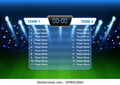 Football stadium. Digital game screen with player lists, soccer field lighting, bleachers with flashes, championship interactive table. Green sport background with scoreboard vector concept