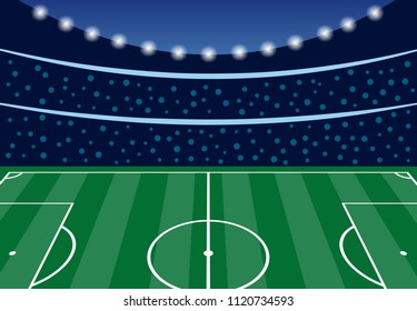 Football stadium with filled tribunes in the evening before the start of the match. Vector illustration
