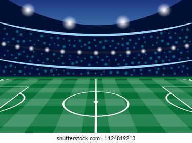 Football stadium with filled tribunes in the evening before the start of the match. Vector illustration

