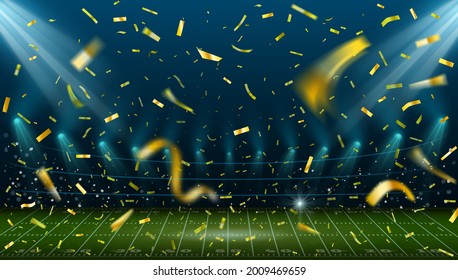 Estadio de fútbol con confeti dorado. Paisaje con campo de fútbol americano y luces de arena. Concepto vectorial de celebración del ganador del juego deportivo. Estadio de ilusión con confeti, campo deportivo de fútbol