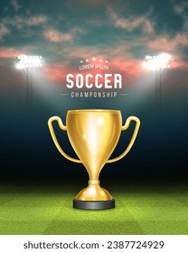 Football stadium with green field and cup illuminated by spotlights. Banner or poster for sport tournament. Vector illustration.