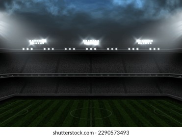 Football stadium with green field illuminated by spotlights. Vector template for your design.