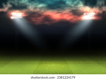 Football stadium with green field illuminated by spotlights. Vector template for your design.