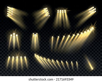 Football stadium lights. 3d warm spotlights, bright yellow studio lamps, stage projectors, party isolated floodlights, different direction projector utter vector isolated set