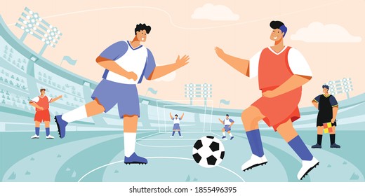 Football stadium player composition with open air soccer arena landscape and doodle characters of playing teams vector illustration