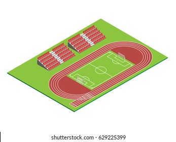 Football stadium, running track, tribune isometric. Vector illustration.
