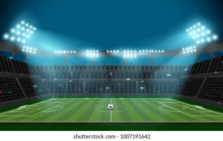 football stadium and soccer field with ball and spotlight at night with glitter light ,sport concept vector background