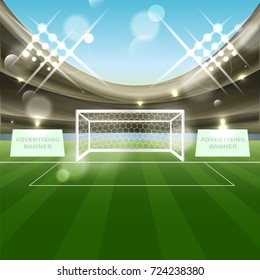 Football stadium with soccer goal net, grass and advertising banner. Tribune, spotlights and blue sky. Vector illustration.