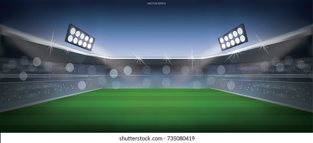 Football stadium or soccer stadium with lights and tribunes. Vector abstract background.