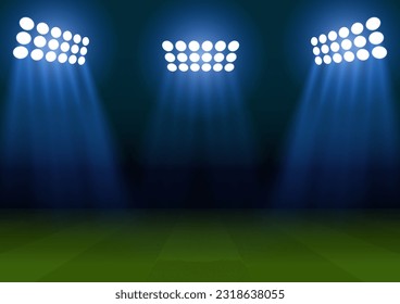 Football Stadium or Soccer Stadium at Night with Spotlight. Football Field or Soccer Field Stadium. Vector Illustration. 