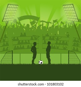 Football Stadium with Soccer Players and Fans, vector illustration