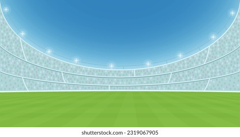 Football stadium with stands and floodlights in the day. Soccer championship background, banner, poster, template.