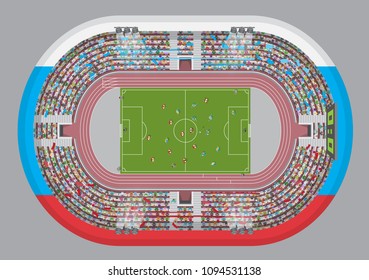 Football stadium top view. Soccer field. (view from above) Fans in the stands watching the match.