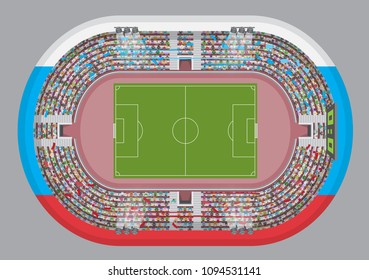 Football stadium top view. Soccer field. (view from above) Fans in the stands watching the match.