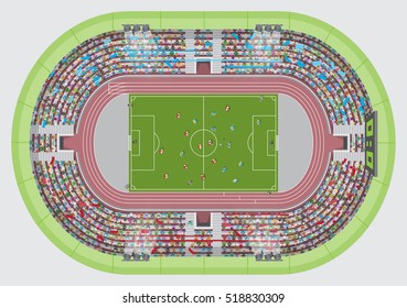 Football stadium top view. Soccer field. (view from above) 
Fans in the stands watching the match.