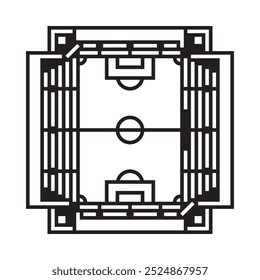 Vetor estádio de futebol ícone de linhas pretas com campo e arquibancadas. Símbolo de arena de futebol.