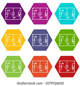 Football strategy icons 9 set coloful isolated on white for web