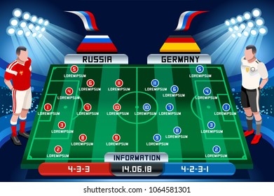 Football strategy tactics board soccer championship. Russia 2018 word cup field board infographic. Champions League vector illustration.