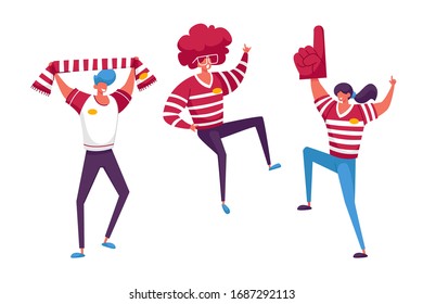 Football Supporter Fans Characters Cheering and Celebrate Watching Match at Stadium. Friends People Group with Red T-shirts Having Excited Fun on Sport World Championship. Cartoon Vector Illustration