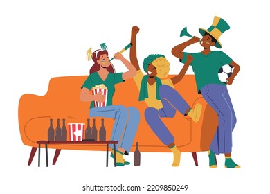 Football Supporter Fans Characters Cheering and Celebrate Watching Match Sitting on Couch at Home. Excited Friends Group with Flag Fun on Sport World Championship. Cartoon People Vector Illustration