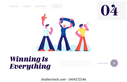 Football Supporter Fans Cheering with Flag and Pipes Watch Soccer Match at Stadium, Friends on Sport World Championship Concept Website Landing Page, Web Page. Cartoon Flat Vector Illustration, Banner