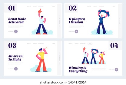 Football Supporter Fans Website Landing Page Set, Cheering People with Flag and Pipes Watch Soccer Match at Stadium, Sport World Championship Concept Web Page. Cartoon Flat Vector Illustration, Banner