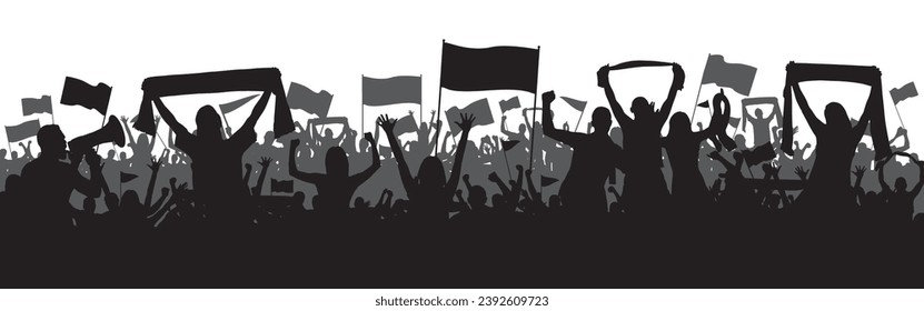 Football supporters background with black and gray silhouettes of crowd with banners, flags and hands in the air.