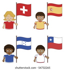 football supporters with flags, switzerland, spain, honduras, chile