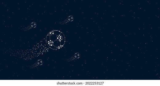 A football symbol filled with dots flies through the stars leaving a trail behind. Four small symbols around. Empty space for text on the right. Vector illustration on dark blue background with stars