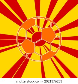 Football symbol on a background of red flash explosion radial lines. The large orange symbol is located in the center of the sun, symbolizing the sunrise. Vector illustration on yellow background