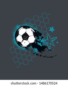 Football t shirt design with soccer ball, grid, stars. Sport poster for boy clothes. 