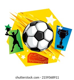 Football t shirt design. Soccer ball illustration and silhouette studded football shoe, winner man with cup, stars. Sport poster for boy.