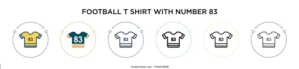 Football t shirt with number 83 icon in filled, thin line, outline and stroke style. Vector illustration of two colored and black football t shirt with number 83 vector icons designs can be used for 