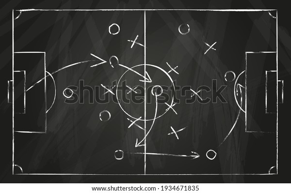 サッカーの戦術 黒いチョークボードに矢を付けたサッカーの試合戦略 フィールドトップビューのベクター画像コンセプトでのプレイのためのコーチ攻撃計画 のベクター画像素材 ロイヤリティフリー