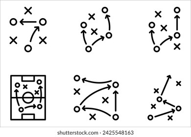 juego de iconos de tácticas de fútbol, estrategia de éxito del juego en el fútbol, juego de esquema, ilustración vectorial sobre fondo blanco