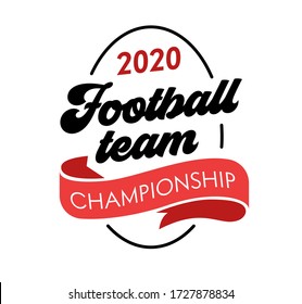 Football Team 2020 Banner, Creative Badge with Typography and Red Curve Ribbon in Oval Isolated on White Background. Professional Sports Label, Icon, Cut Out Sport Design Element. Vector Illustration