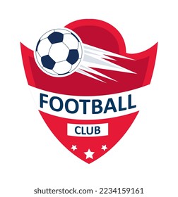Football team badge. Red shield with inscription and ball. Sticker for social networks and instant messengers. Branding for school or university soccer team. Cartoon flat vector illustration