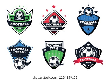 Football team badge set. Collection of graphic elements for website. Active lifestyle and sports. Colorful crest, emblem or logotype. Cartoon flat vector illustrations isolated on white background