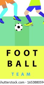 Football team. Ball on green grass. Template design poster, banner, card,  logo for football, soccer school, hobby. Sketch vector illustration.