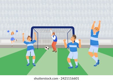 Equipo de fútbol celebrando la victoria de la ilustración vectorial. Golpeo de tiro deportivo en un gran estadio frente al público. Fútbol, equipo, campeonato, concepto de eventos deportivos