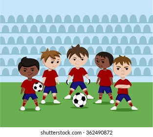 Football team. Football field. Young guys players. Amicable team.The guy the football player with a ball. Boy in the flat style. The boy on a grass Soccer, Football.  Soccer team.