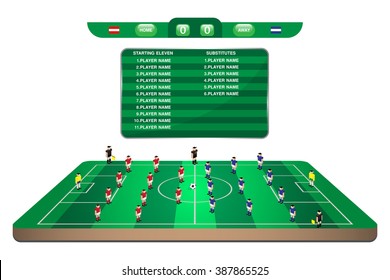 football team formation player in mini soccer field with scoreboard