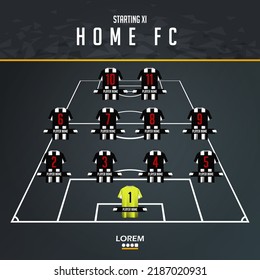 Football team formation, starting list or lineups infographic template. Set of football player position on soccer field.  Football kit, soccer jersey icon in flat design. Vector Illustration.