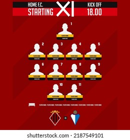 Football team formation, starting list or lineups infographic template. Set of football player position on soccer field.  Football kit, soccer jersey icon in flat design. Vector Illustration.